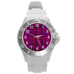 Fuchsia Madras Plaid Round Plastic Sport Watch (l) by SpinnyChairDesigns