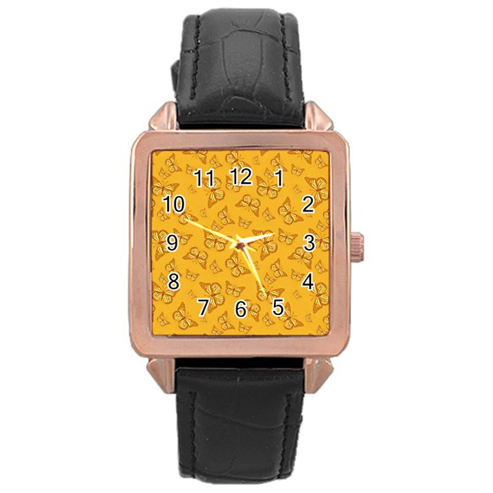 Mustard Yellow Monarch Butterflies Rose Gold Leather Watch 