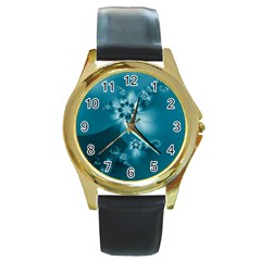 Teal Floral Print Round Gold Metal Watch by SpinnyChairDesigns