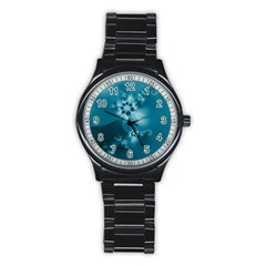 Teal Floral Print Stainless Steel Round Watch by SpinnyChairDesigns