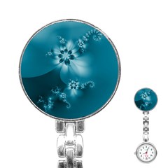 Teal Floral Print Stainless Steel Nurses Watch