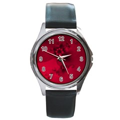 Scarlet Red Floral Print Round Metal Watch by SpinnyChairDesigns