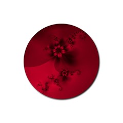 Scarlet Red Floral Print Rubber Coaster (round)  by SpinnyChairDesigns