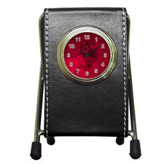 Scarlet Red Floral Print Pen Holder Desk Clock by SpinnyChairDesigns