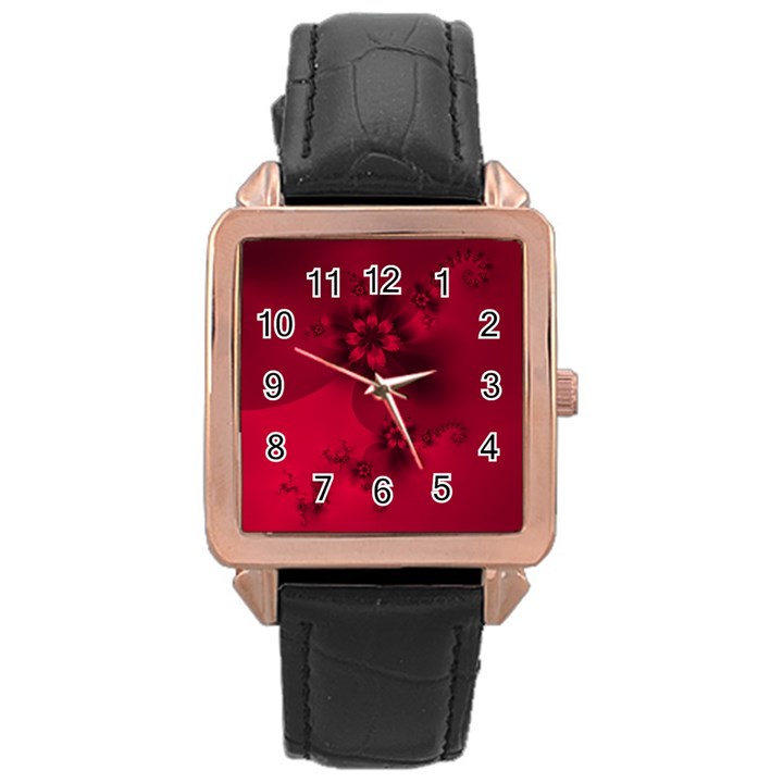 Scarlet Red Floral Print Rose Gold Leather Watch 