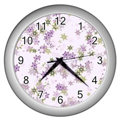 Purple Wildflower Print Wall Clock (silver) by SpinnyChairDesigns