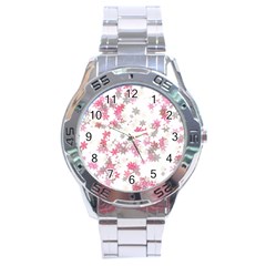 Pink Wildflower Print Stainless Steel Analogue Watch by SpinnyChairDesigns