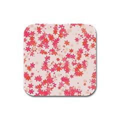 Vermilion And Coral Floral Print Rubber Square Coaster (4 Pack)  by SpinnyChairDesigns