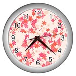 Vermilion and Coral Floral Print Wall Clock (Silver) Front