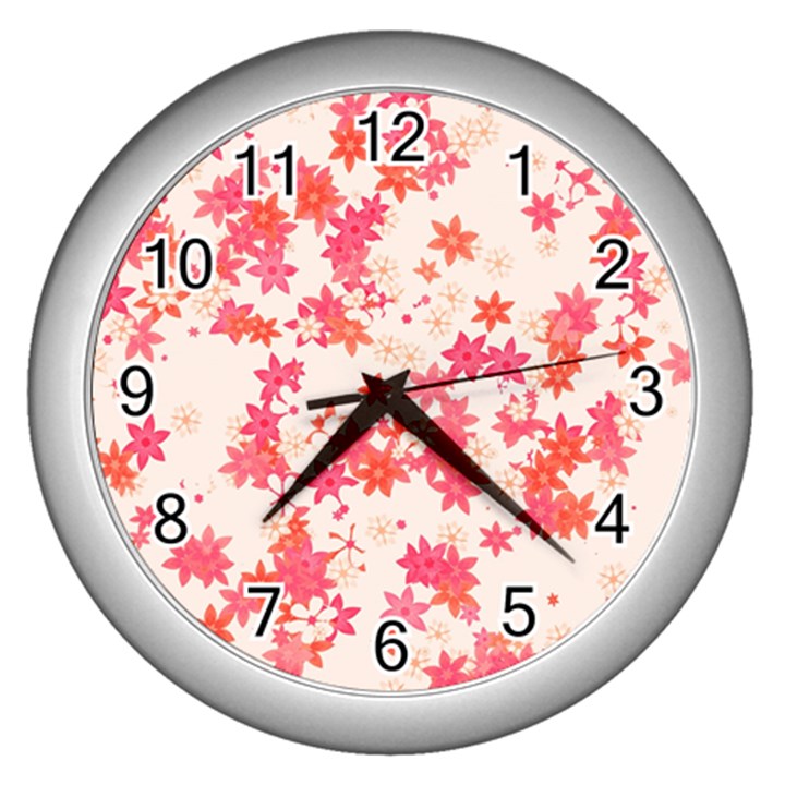 Vermilion and Coral Floral Print Wall Clock (Silver)