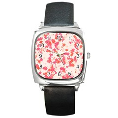 Vermilion And Coral Floral Print Square Metal Watch by SpinnyChairDesigns