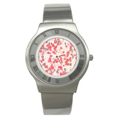 Vermilion And Coral Floral Print Stainless Steel Watch by SpinnyChairDesigns