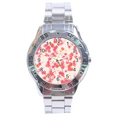 Vermilion And Coral Floral Print Stainless Steel Analogue Watch by SpinnyChairDesigns