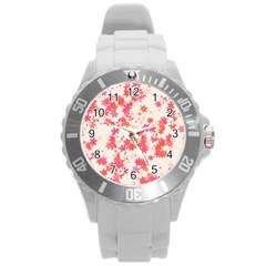 Vermilion And Coral Floral Print Round Plastic Sport Watch (l) by SpinnyChairDesigns