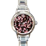 Pink Lilies on Black Round Italian Charm Watch Front