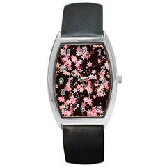 Pink Lilies On Black Barrel Style Metal Watch by SpinnyChairDesigns