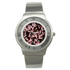 Pink Lilies On Black Stainless Steel Watch by SpinnyChairDesigns