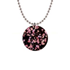 Pink Lilies On Black 1  Button Necklace by SpinnyChairDesigns