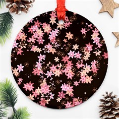 Pink Lilies On Black Round Ornament (two Sides) by SpinnyChairDesigns