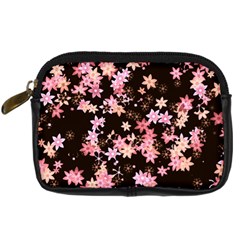 Pink Lilies On Black Digital Camera Leather Case by SpinnyChairDesigns