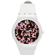 Pink Lilies On Black Round Plastic Sport Watch (m) by SpinnyChairDesigns