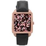 Pink Lilies on Black Rose Gold Leather Watch  Front