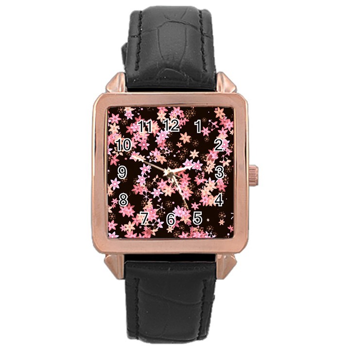 Pink Lilies on Black Rose Gold Leather Watch 