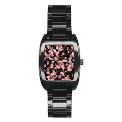 Pink Lilies On Black Stainless Steel Barrel Watch by SpinnyChairDesigns