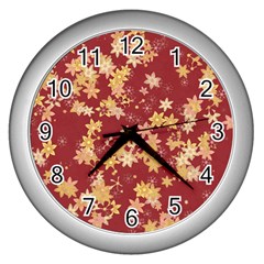 Gold And Tuscan Red Floral Print Wall Clock (silver) by SpinnyChairDesigns