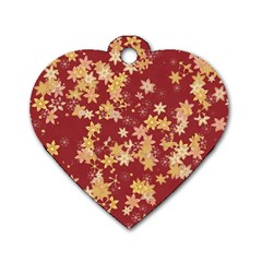 Gold And Tuscan Red Floral Print Dog Tag Heart (two Sides) by SpinnyChairDesigns