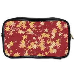 Gold And Tuscan Red Floral Print Toiletries Bag (two Sides) by SpinnyChairDesigns