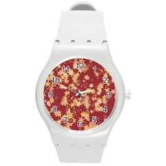 Gold And Tuscan Red Floral Print Round Plastic Sport Watch (m) by SpinnyChairDesigns