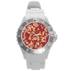 Gold And Tuscan Red Floral Print Round Plastic Sport Watch (l) by SpinnyChairDesigns