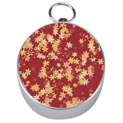 Gold And Tuscan Red Floral Print Silver Compasses by SpinnyChairDesigns