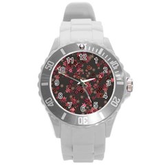 Pink Wine Floral Print Round Plastic Sport Watch (l) by SpinnyChairDesigns