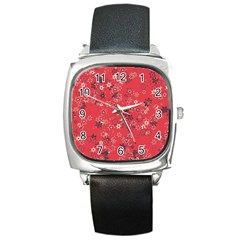 Red Wildflower Floral Print Square Metal Watch