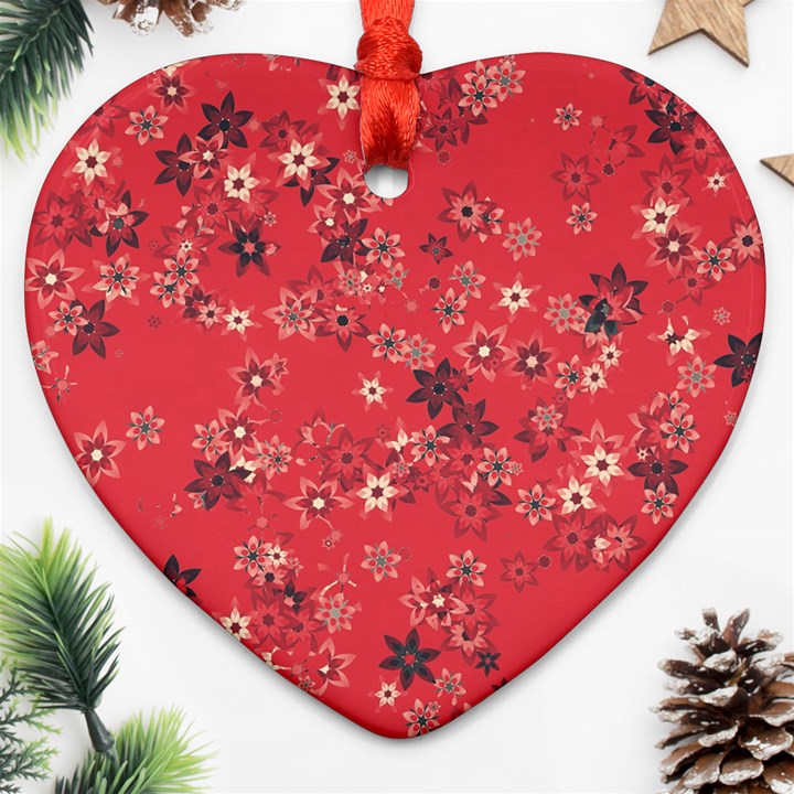 Red Wildflower Floral Print Heart Ornament (Two Sides)