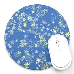 Yellow Flowers On Blue Round Mousepads by SpinnyChairDesigns