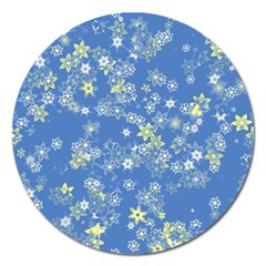 Yellow Flowers On Blue Magnet 5  (round) by SpinnyChairDesigns