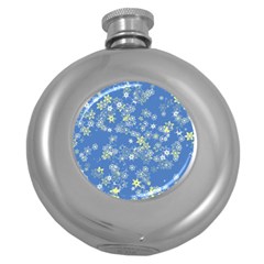 Yellow Flowers On Blue Round Hip Flask (5 Oz) by SpinnyChairDesigns