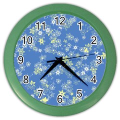 Yellow Flowers On Blue Color Wall Clock by SpinnyChairDesigns