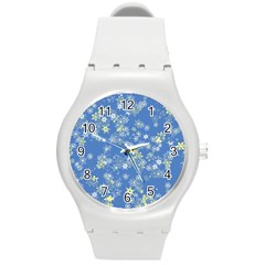 Yellow Flowers On Blue Round Plastic Sport Watch (m) by SpinnyChairDesigns