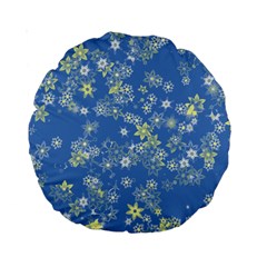 Yellow Flowers On Blue Standard 15  Premium Round Cushions by SpinnyChairDesigns