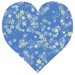 Yellow Flowers On Blue Wooden Puzzle Heart by SpinnyChairDesigns