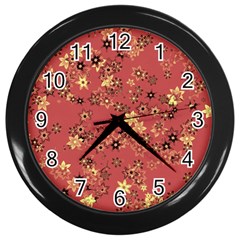 Gold And Rust Floral Print Wall Clock (black) by SpinnyChairDesigns