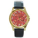 Gold and Rust Floral Print Round Gold Metal Watch Front