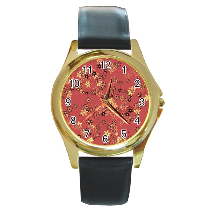 Gold and Rust Floral Print Round Gold Metal Watch