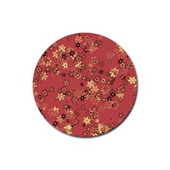 Gold And Rust Floral Print Rubber Round Coaster (4 Pack)  by SpinnyChairDesigns