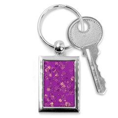 Gold Purple Floral Print Key Chain (rectangle) by SpinnyChairDesigns