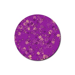 Gold Purple Floral Print Rubber Round Coaster (4 Pack)  by SpinnyChairDesigns